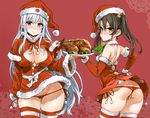  asanagi ass bare_shoulders black_hair blush breasts brown_eyes buttons capelet christmas cleavage covered_nipples detached_collar elbow_gloves fingerless_gloves flat_ass food gloves hat highres kantai_collection large_breasts long_hair looking_at_viewer multiple_girls panties partially_visible_vulva plate red_eyes red_gloves red_panties santa_costume santa_hat shoukaku_(kantai_collection) side-tie_panties silver_hair smile striped striped_legwear thighhighs turkey_(food) twintails underwear very_long_hair zuikaku_(kantai_collection) 