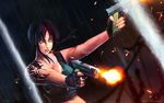  black_lagoon blood breasts brown_eyes cigarette firing gun highres large_breasts long_hair pistol purple_hair revy revy_(black_lagoon) scar shooting smile solo standing tattoo weapon 