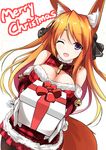  ;d animal_ears bangs bare_shoulders bell black_legwear blonde_hair box breasts christmas cleavage cleavage_cutout cowboy_shot dutch_angle elbow_gloves fatkewell fox_ears fox_tail fur_trim gift gift_box giving gloves gradient_hair hair_ribbon halterneck highres holding jewelry jingle_bell large_breasts long_hair looking_at_viewer merry_christmas miniskirt multicolored_hair one_eye_closed open_mouth orange_hair original pantyhose pendant plaid pleated_skirt pom_pom_(clothes) purple_eyes ribbon rika_eastre santa_costume skirt smile solo tail turtleneck white_background white_gloves 