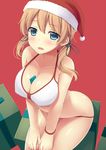  anchor_hair_ornament bare_shoulders bikini blonde_hair blush box breasts christmas cleavage collarbone condom gift gift_box hair_ornament hat highres kantai_collection large_breasts looking_at_viewer mizunashi_kenichi prinz_eugen_(kantai_collection) red_background santa_hat sitting solo swimsuit twintails 