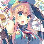  :o aqua_eyes black_gloves blonde_hair blush candy crayon elbow_gloves food gloves hamburger hat heart heart_tattoo hourglass lollipop long_hair looking_at_viewer original reia salute solo tattoo upper_body whistle 