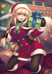  :d black_gloves blonde_hair blue_eyes box christmas christmas_tree gift gift_box gloves hat kaizeru kneeling long_hair looking_at_viewer open_mouth original pantyhose pointy_ears santa_costume santa_hat smile solo very_long_hair 