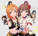  6+girls :d ahoge amami_haruka aqua_eyes arm_around_shoulder black_gloves brown_hair character_request chibi fingerless_gloves gloves grey_background hakozaki_serika highres idolmaster idolmaster_cinderella_girls idolmaster_million_live! idolmaster_movie looking_at_viewer midriff mochizuki_anna multiple_girls nanao_yuriko navel one_eye_closed open_mouth orange_hair ponytail purple_hair shibuya_rin short_hair side_ponytail sleeping smile sweat tears v yabuki_kana yellow_eyes yokoyama_nao yomosaka 