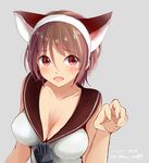  :o animal_ears breasts brown_hair cat_ears cleavage collarbone fake_animal_ears grey_background hairband highres kantai_collection large_breasts natori_(kantai_collection) open_mouth red_eyes school_uniform serafuku shirt short_hair simple_background sleeveless sleeveless_shirt solo tebi_(tbd11) upper_body white_hairband white_shirt 
