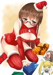  :o black-framed_eyewear black_eyes blonde_hair blush breasts brown_hair chibi chibi_inset christmas cleavage cleavage_cutout closed_eyes detached_sleeves fur_trim gift glasses hands_on_own_face hat highres kneeling large_breasts long_hair meme_attire mini_hat mini_santa_hat miracle_hoshi multiple_girls open-chest_sweater original red_legwear ribbed_legwear ribbed_sleeves ribbed_sweater santa_hat semi-rimless_eyewear sleeveless sweater tilted_headwear twintails under-rim_eyewear 