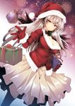  blush bow bowtie box breasts cleavage gift gift_box gloves hat highres large_breasts long_hair parted_lips red_eyes red_gloves rozen_maiden santa_costume santa_hat silver_hair skirt smile solo suigintou tousen wings 