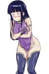  1girl 774_(nanashi) bad_id bad_pixiv_id black_hair blush breasts byakugan cosplay covered_navel covering_breasts covering_privates crossed_arms embarrassed fishnets flying_sweatdrops huge_breasts hyuuga_hinata impossible_clothes impossible_leotard leaning_forward leotard long_hair naruto_(series) naruto_shippuuden photoshop_(medium) purple_leotard solo sweatdrop taimanin_(series) taimanin_asagi taimanin_suit thighhighs wavy_mouth white_background white_eyes 