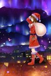  bad_id bad_pixiv_id blue_eyes blush boots brown_hair christmas fur_boots gloves hat highres long_hair original red_footwear sack santa_boots santa_costume santa_hat signature smile snow solo taka_(tsmix) translation_request 