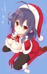  ahoge arm_support bad_id bad_pixiv_id black_legwear blush boots breasts capelet cleavage fur_trim gloves hair_flaps hand_on_own_chest hat kantai_collection kneeling medium_breasts pantyhose purple_hair red_capelet red_eyes red_gloves santa_costume santa_hat smile solo taigei_(kantai_collection) takehana_note tears translation_request 