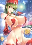  1girl breasts christmas green_hair haganef huge_breasts navel ocean solo 
