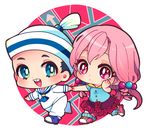  1girl black_hair blue_eyes chibi dixie_cup_hat hair_bobbles hair_ornament hat hatake_(hatanosuke) higashikata_jousuke_(jojolion) hirose_yasuho jojo_no_kimyou_na_bouken jojolion military_hat pink_eyes pink_hair 