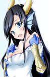  absurdres black_hair blue_eyes blush breasts chinese_clothes cleavage head_fins highres horns karin_(p&amp;d) long_hair medium_breasts minato_yoshihiro off_shoulder puzzle_&amp;_dragons solo 