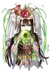  brown_hair comb covering_mouth facial_mark flower forehead_mark green_eyes hat highres holding japanese_clothes kei_(keiclear) kushinada_(p&amp;d) long_hair looking_away magatama open_mouth puzzle_&amp;_dragons simple_background solo veil wheat white_background wide_sleeves 