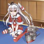  alternate_costume amatsukaze_(kantai_collection) blush bow bowtie brown_eyes capelet choker christmas dress fang fur_trim garter_straps gloves hat headgear kantai_collection komori_kuzuyu long_hair looking_at_viewer open_mouth red_dress red_legwear rensouhou-kun santa_costume santa_hat silver_hair single_glove sitting striped striped_legwear thighhighs two_side_up wariza white_gloves 