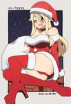  2014 ;d bare_shoulders blonde_hair boots choker christmas dated eyebrows hat long_hair looking_at_viewer nanakura_nanane one_eye_closed open_mouth original panties pointy_ears red_eyes red_footwear red_legwear red_panties santa_boots santa_costume santa_hat smile solo thigh_boots thighhighs underwear 