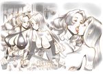  bare_shoulders blush breasts caracol covered_nipples detached_sleeves dragon's_crown earrings french_kiss graphite_(medium) hoop_earrings huge_breasts jewelry kiss large_breasts lips long_hair monochrome morgan_rizilia multiple_girls open_mouth shield sorceress_(dragon's_crown) spot_color sweat sword tongue traditional_media weapon yuri 