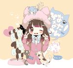  &gt;_&lt; :3 ;) animal_ears animal_hat animal_print aoki_lapis bangs bell blue_hair blue_skirt blunt_bangs blush bowl brown_eyes brown_hair buttons cat cat_ears cat_hat closed_eyes double_v eguchi_nako fish_print hair_ribbon happy_birthday hat heart jacket jingle_bell maako_(yuuyake.) minigirl multiple_girls one_eye_closed paint_splatter paw_print pet_bowl red_jacket ribbon seiyuu seiyuu_connection skirt smile sparkling_eyes speech_bubble text_focus v vocaloid yellow_background 