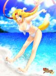  akizuki_eiru beach bikini blonde_hair blue_eyes breasts cleavage day happy large_breasts long_hair mugen_no_fantasia one_eye_closed smile solo swimsuit white_bikini 