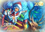  2014 bad_id bad_pixiv_id blue_hair blush brown_eyes christmas hat kikai-zaru merry_christmas original panties pantyshot reindeer santa_costume santa_hat sleigh smile solo underwear 