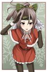  :d black_gloves blush brown_eyes brown_hair capelet christmas cowboy_shot dress elbow_gloves frilled_dress frills gloves hachimaki headband high_ponytail highres kantai_collection leaning_forward looking_at_viewer open_mouth over_shoulder pantyhose rabochicken red_capelet red_dress sack salute santa_costume smile solo zuihou_(kantai_collection) 