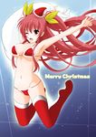  blush breasts cameltoe christmas fur-trimmed_bikini hat highres large_breasts long_hair looking_at_viewer merry_christmas navel one_eye_closed open_mouth rakudai_kishi_no_cavalry red_eyes red_hair santa_hat solo stella_vermillion thighhighs twintails very_long_hair yajima_index 