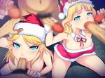  5boys bare_shoulders blonde_hair blue_eyes breasts censored christmas cleavage detached_collar double_handjob earrings fellatio forced fur_trim group_sex hand_on_another's_head handjob hat jewelry large_breasts looking_at_viewer mahito male_pubic_hair medium_breasts mosaic_censoring multiple_boys multiple_girls multiple_penises nipples oral orgy original penis pubic_hair santa_costume santa_hat 