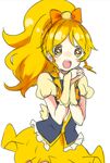  1girl blonde_hair bow cure_honey hair_bow happinesscharge_precure! jyukariko magical_girl oomori_yuuko ponytail precure simple_background solo vest white_background yellow_eyes 
