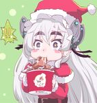  1girl blush blush_stickers butterfly_hair_ornament chaika_trabant chicken_(food) eating eyebrows food green_background hair_ornament hairband hat hitsugi_no_chaika lolita_hairband long_hair purple_eyes santa_costume santa_hat silver_hair solo star star-shaped_pupils symbol-shaped_pupils touge_hiro white_hair 