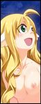  1girl blonde_hair breasts fairy_tail gaston18 green_eyes happy large_breasts laughing mavis_vermilion nipples nude smile solo 