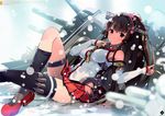  absurdres anchor armpits brown_hair cherry_blossoms headgear highres huge_filesize kantai_collection long_hair looking_at_viewer machinery ponytail red_eyes smile snowing solo thighhighs tousaki_umiko turret yamato_(kantai_collection) 