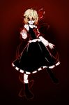  ascot blonde_hair darkness full_body hair_ribbon red_background red_eyes ribbon ringed_eyes rumia smile smirk solo touhou white_skin xkaishaku 