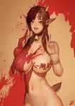  antlers bell bell_collar bodypaint breasts brown_eyes brown_hair christmas collar double_v groin highres instant_ip large_breasts merry_christmas navel nipples nude open_mouth original out-of-frame_censoring pointy_ears solo tail v 