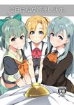  3girls :p admiral_(kantai_collection) bangs batsu blonde_hair blue_eyes blue_hair blush bow bowtie cover cover_page doujin_cover green_hair grey_eyes hair_ornament hair_ribbon hairclip kantai_collection maikaze_(kantai_collection) midriff multiple_girls neck_ribbon neckerchief ponytail pov ribbon school_uniform serafuku smile suzuya_(kantai_collection) tongue tongue_out translated v_arms vest yuubari_(kantai_collection) 