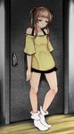  against_wall aoshima bangs bare_legs bare_shoulders blunt_bangs brown_eyes brown_hair collarbone commentary_request door expressionless hair_bobbles hair_ornament highres looking_down off_shoulder original short_hair short_twintails sidelocks socks solo twintails 