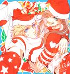  blonde_hair blue_eyes brown_hair christmas green_eyes grin gyro_zeppeli hat jojo_no_kimyou_na_bouken krusier multiple_boys nail_polish santa_hat smile steel_ball_run v 