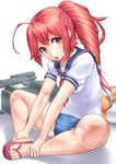  :o ahoge bad_id bad_pixiv_id feet highres holding_legs i-168_(kantai_collection) indian_style kantai_collection long_hair open_mouth ponytail red_eyes red_hair sandals school_swimsuit school_uniform serafuku sitting solo swimsuit swimsuit_under_clothes toes torpedo yoshiwa_tomo 