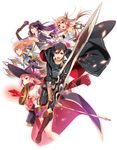  4girls :d :o ahoge axe black_hair blue_eyes brown_eyes brown_hair cape fighting_stance folded_ponytail hat highres holding long_hair looking_at_viewer multiple_girls murakami_yuichi open_mouth orange_eyes original pink_hair red_eyes smile staff sword v-shaped_eyebrows weapon witch_hat 