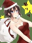  bare_shoulders black_hair blue_eyes blush breasts cleavage collarbone green_background hat highres looking_at_viewer medium_breasts merry_christmas original sack santa_hat short_hair solo star upper_body yamasuta 