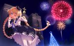  ;d arched_back blonde_hair blue_eyes braid christmas_lights christmas_tree cross fireworks from_behind hat highres leg_up long_hair looking_at_viewer looking_back magi_in_wanchin_basilica night nun official_art one_eye_closed open_mouth smile solo twin_braids very_long_hair white_legwear xiao_ma yaguo 