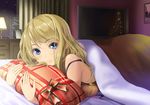  bad_id bad_pixiv_id blanket blonde_hair blue_eyes light_smile long_hair looking_at_viewer on_bed original pillow pillow_hug solo strap_slip television yoropa 