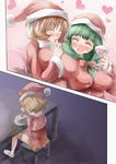  ^_^ aki_minoriko aki_shizuha blush breasts cake christmas closed_eyes cup dress drinking_glass food front_ponytail green_hair hat heart kagiyama_hina large_breasts licking lonely multiple_girls open_mouth red_dress santa_costume santa_hat sitting smile table touhou wine_glass yohane yuri 