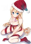  bangs bare_shoulders between_legs bismarck_(kantai_collection) blonde_hair blue_eyes blush breasts christmas cleavage collar fur_trim hand_between_legs hand_on_own_chest hat heart heart-shaped_lock heart_lock_(kantai_collection) kantai_collection large_breasts lock long_hair looking_at_viewer mikan_(chipstar182) naked_ribbon padlocked_collar parted_bangs red_legwear ribbon santa_hat shadow sidelocks simple_background sitting socks solo spread_legs star underboob very_long_hair wariza wavy_hair white_background 