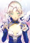  aqua_eyes artoria_pendragon_(all) breasts collarbone eyelashes fate/stay_night fate_(series) floating_hair hair_ribbon juliet_sleeves long_sleeves nilitsu parted_lips puffy_sleeves ribbon saber short_hair small_breasts solo unbuttoned upper_body wardrobe_malfunction 