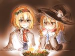  alice_margatroid arm_support ascot berries blonde_hair blue_eyes braid candle candlelight capelet chin_rest couple expressionless fire flame hairband hat head_rest holly kirisame_marisa long_hair long_sleeves mittens multiple_girls nip_to_chip short_hair side_braid sketch smile touhou witch_hat yellow_eyes yuri 