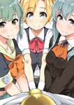  3girls :p admiral_(kantai_collection) bangs batsu blonde_hair blue_eyes blue_hair blush bow bowtie green_hair grey_eyes hair_ornament hair_ribbon hairclip kantai_collection maikaze_(kantai_collection) midriff multiple_girls neck_ribbon neckerchief ponytail pov ribbon school_uniform serafuku short_sleeves smile suzuya_(kantai_collection) tongue tongue_out v_arms vest yuubari_(kantai_collection) 