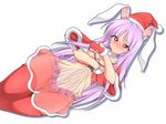  alternate_costume animal_ears blush breast_hold breast_squeeze breasts bunny_ears crotchless_panties gloves hachi_(chihagura) hat large_breasts long_hair looking_at_viewer panties pubic_hair purple_hair red_eyes red_gloves red_legwear reisen_udongein_inaba santa_hat see-through simple_background solo thighhighs touhou underwear very_long_hair white_background 