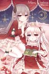 animal_ears artist_name bed book cake christmas demon_horns dress food frilled_skirt frills gradient_eyes heterochromia highres horns jitome long_hair lying merry_christmas multicolored multicolored_eyes multiple_girls open_mouth original pillow pointy_ears red_dress silver_hair skirt smile thighhighs tsukikage_nemu 
