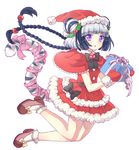  black_hair box braid capelet fur_trim gift gift_box gloves haku_(p&amp;d) hat jyukariko multicolored_hair purple_eyes puzzle_&amp;_dragons red_capelet red_gloves santa_costume santa_hat simple_background solo tail tiger_tail twin_braids white_background white_hair 