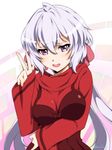  baiola bow hair_bow long_hair purple_eyes senki_zesshou_symphogear sleeves_past_wrists smile solo sweater v white_hair yukine_chris 