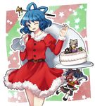  animal_costume antlers blue_eyes blue_hair brown_hair cake christmas dress drill_hair earmuffs food hair_ornament hair_rings hair_stick hat kaku_seiga miyako_yoshika multiple_girls ofuda one_eye_closed open_mouth reindeer_antlers reindeer_costume ritual_baton sack santa_costume short_hair skirt sleeveless smile star tate_eboshi touhou toyosatomimi_no_miko ys_(fall) 